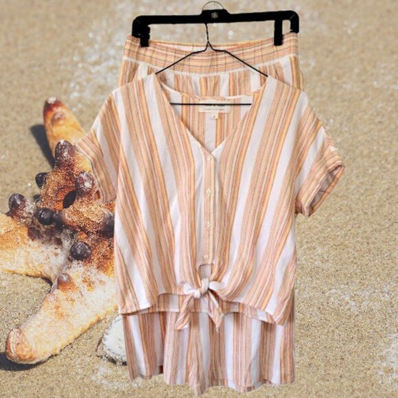 Anthropologie Cloth & Stone Linen Tie Waist Crop Top and Cropped Wide Leg Pants - Picture 2 of 10